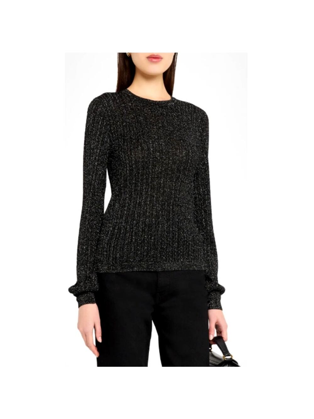 Paige Women's Black Adela Metallic Ribbed Crewneck Sweater Size L